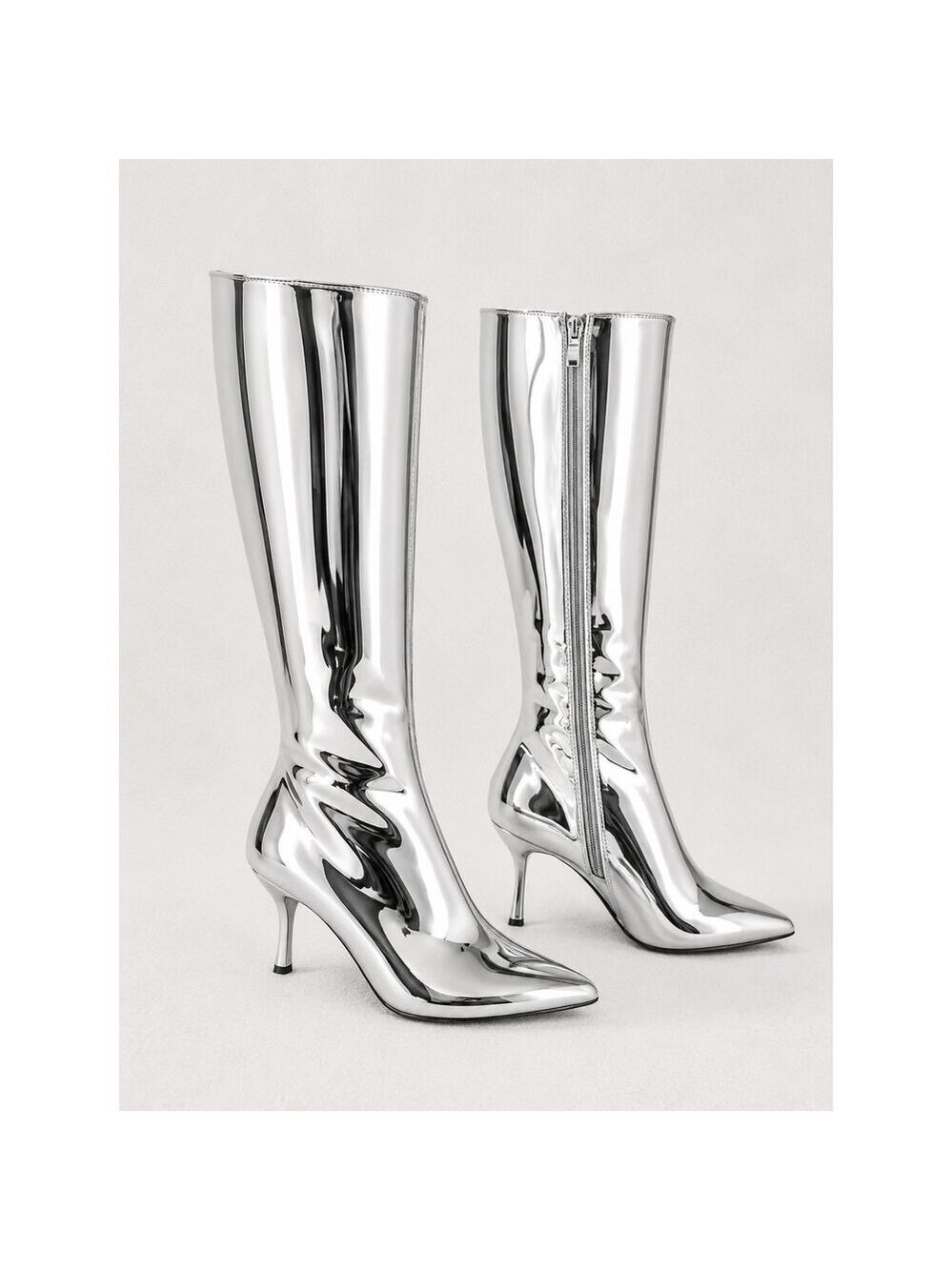 NIB Static Shiny Metallic Chrome Silver Knee Boots 3" Kitten Heels